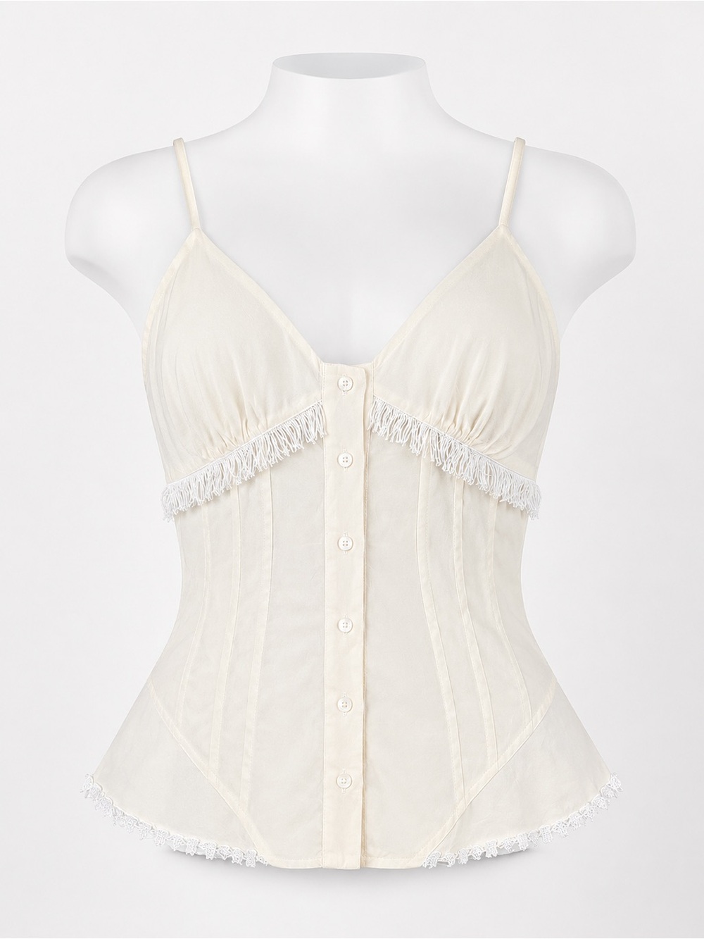 VTG Cream 100% Silk Fringe Lace Trim Cami Corset Top Button Front Y2K Western S - Picture 2 of 4